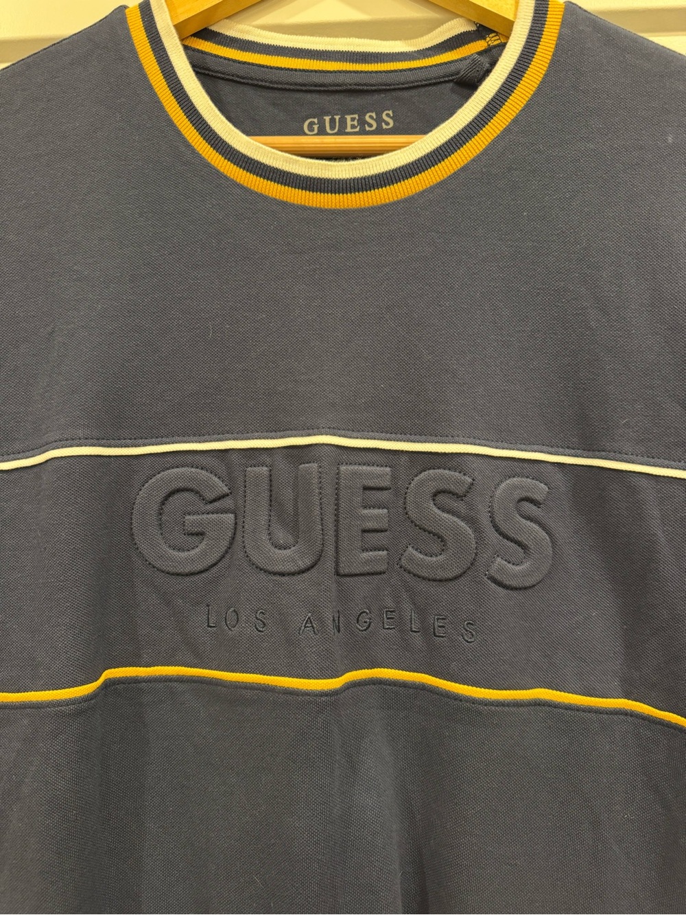 GUESS Men's Navy Logo Tee with Yellow Trim Retro Throwback - Picture 8 of 9